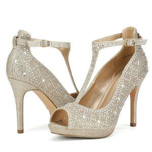 NIB DREAM PAIRS Women's Gold Glitter Open Toe High Heel Platform T-Strap Size 6
